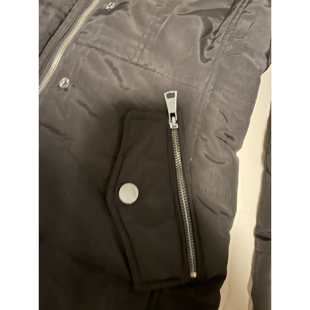 Black Faux Fur Trim Hooded Puffer Jacket Quilted Winter Coat Zip Up Women Small - Picture 4 of 16